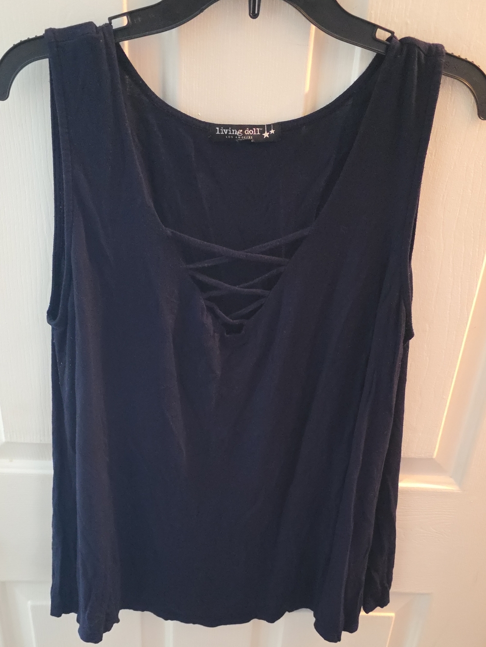 living doll Navy Sleeveless Tank with Crisscross Front